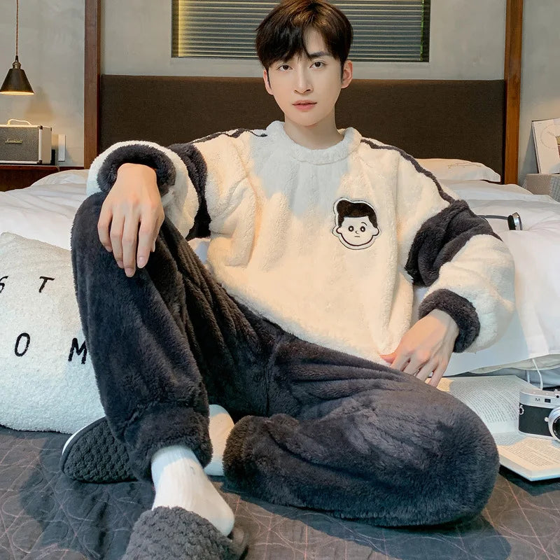 New Men's Pajamas Fall and Winter Padded Thickened Comfortable Warm Facecloth Winter Teenage Home Wear Suit Winter Large Size