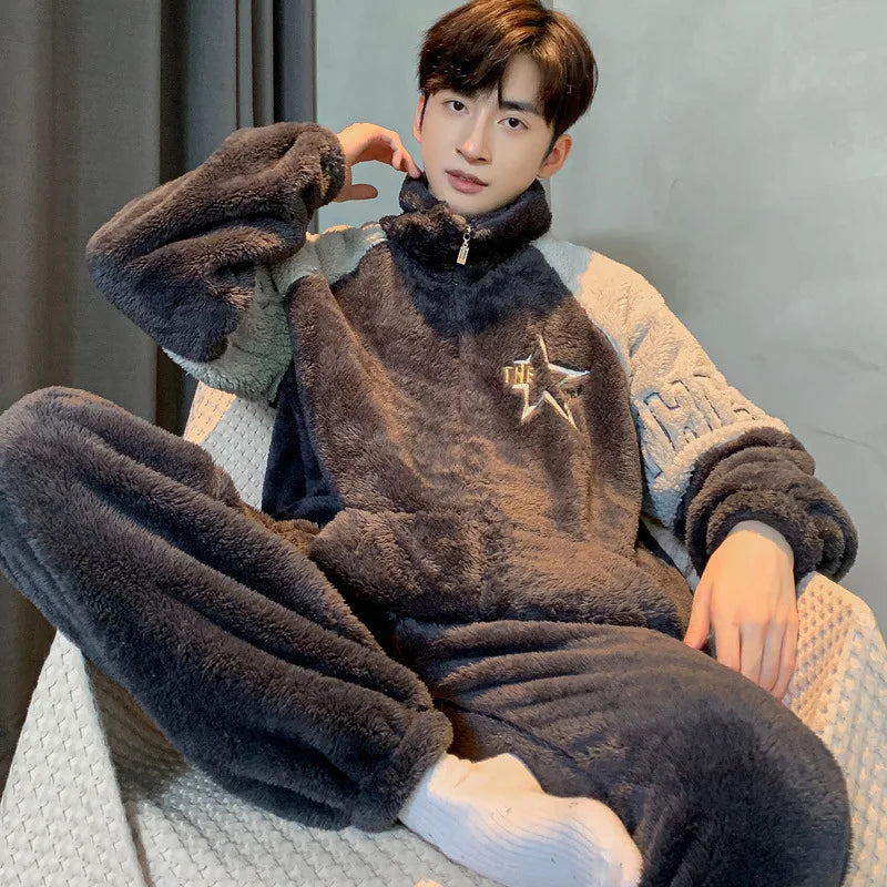 New Men's Pajamas Fall and Winter Padded Thickened Comfortable Warm Facecloth Winter Teenage Home Wear Suit Winter Large Size