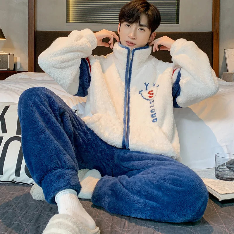 New Men's Pajamas Fall and Winter Padded Thickened Comfortable Warm Facecloth Winter Teenage Home Wear Suit Winter Large Size