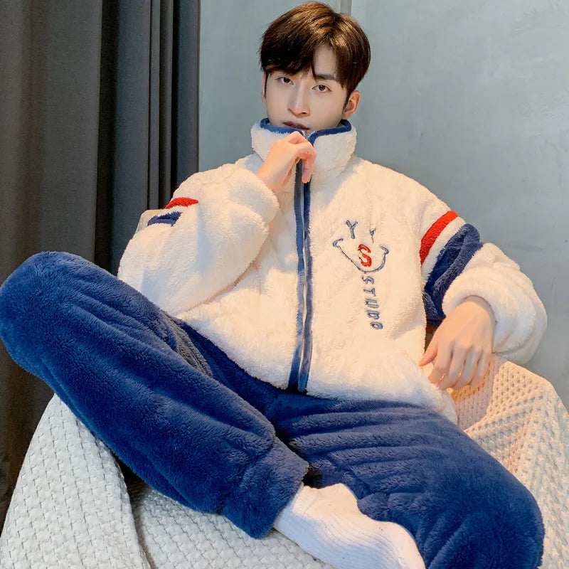 New Men's Pajamas Fall and Winter Padded Thickened Comfortable Warm Facecloth Winter Teenage Home Wear Suit Winter Large Size