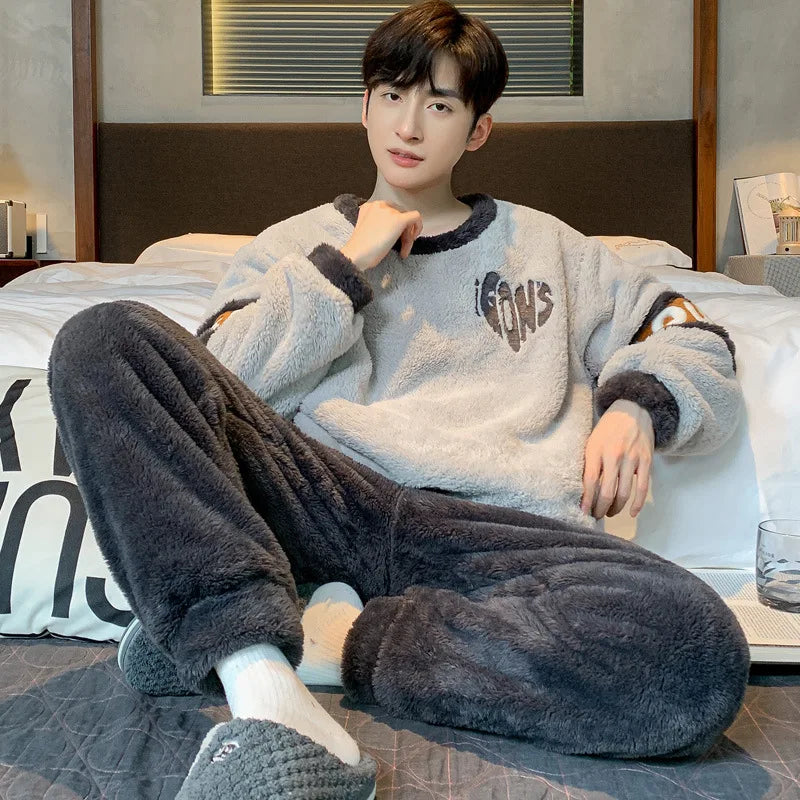 New Men's Pajamas Fall and Winter Padded Thickened Comfortable Warm Facecloth Winter Teenage Home Wear Suit Winter Large Size