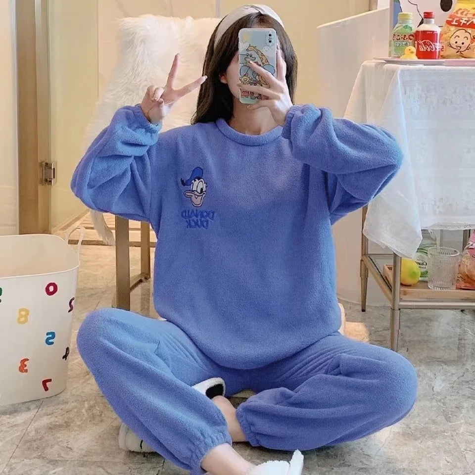 Donald Duck Pajamas Winter Thickening Flannel Pajamas Cartoon Cute Soft Casual Warm Comfortable Home Clothes Set