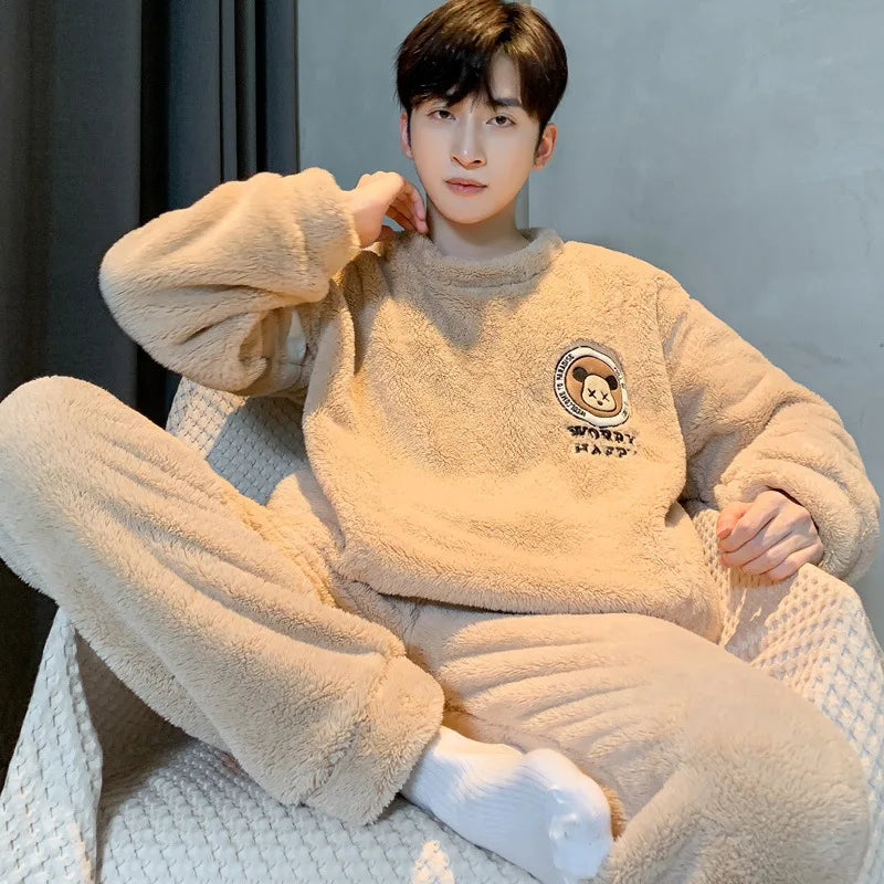 New Men's Pajamas Fall and Winter Padded Thickened Comfortable Warm Facecloth Winter Teenage Home Wear Suit Winter Large Size