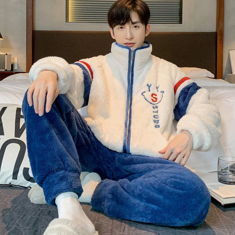 New Men's Pajamas Fall and Winter Padded Thickened Comfortable Warm Facecloth Winter Teenage Home Wear Suit Winter Large Size